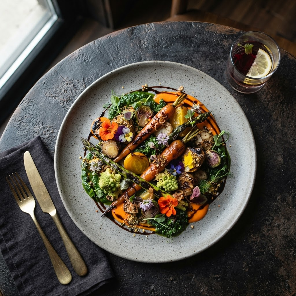An artfully plated plant-based dish