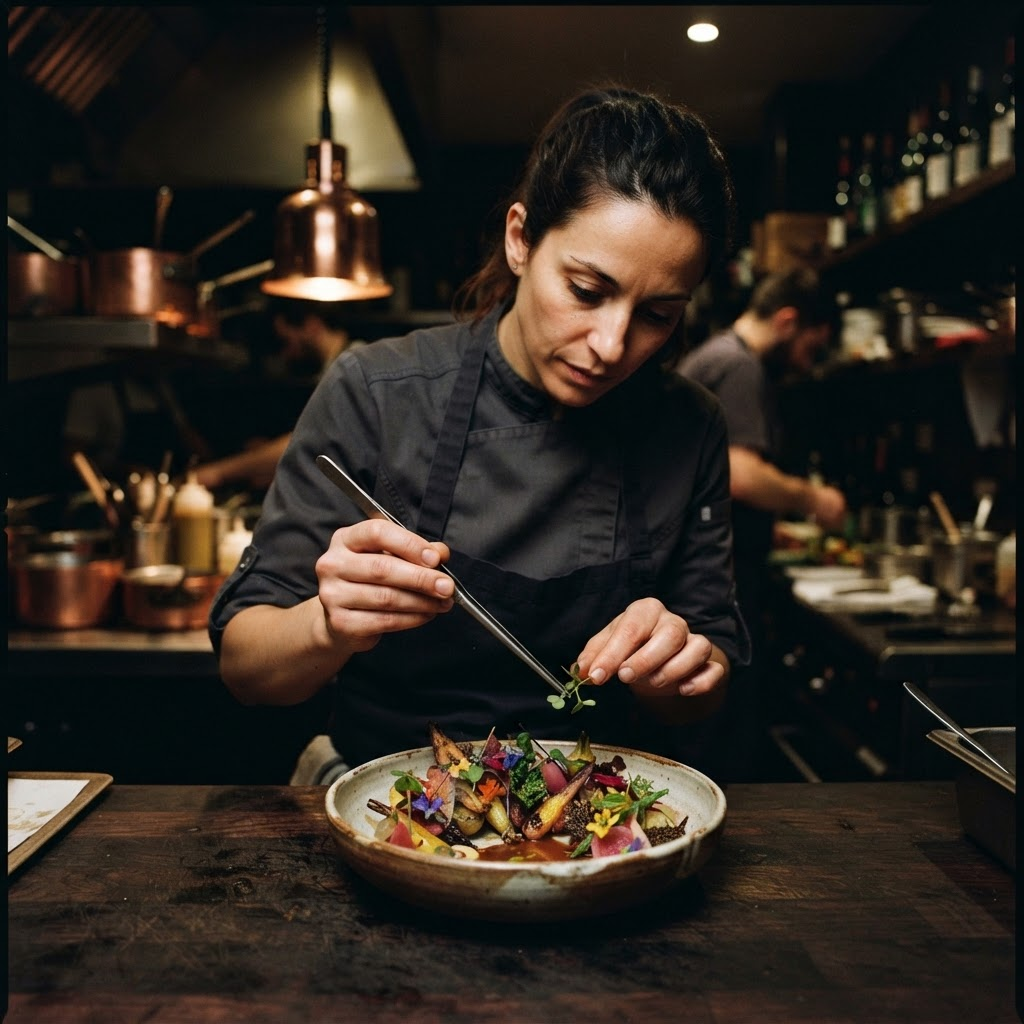 A chef plating a delicate dish in a dim kitchen
