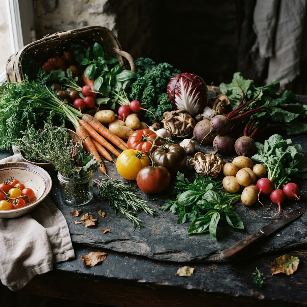 Fresh seasonal organic vegetables arranged on a dark surface